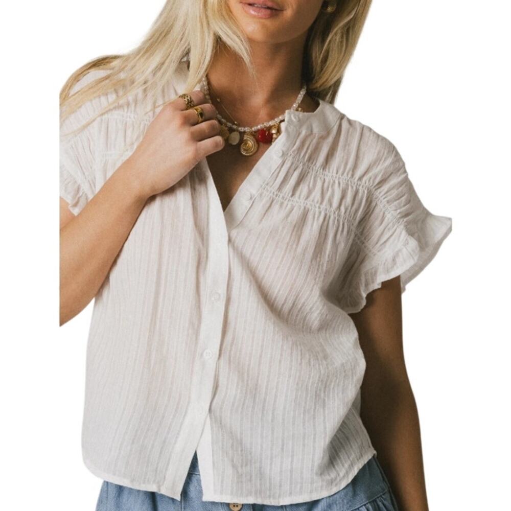 Bohme White Textured Cotton Button Front Blouse, Ruffle Sleeve Boho Top XL, NWT
